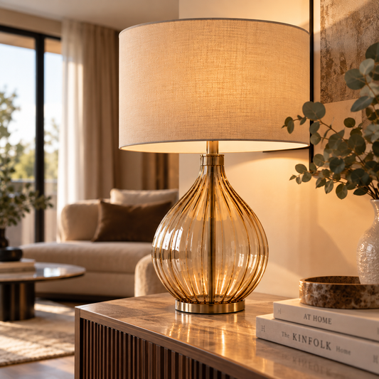 Lampada da Tavolo Spice in Vetro Rigato Ambra Chiaro