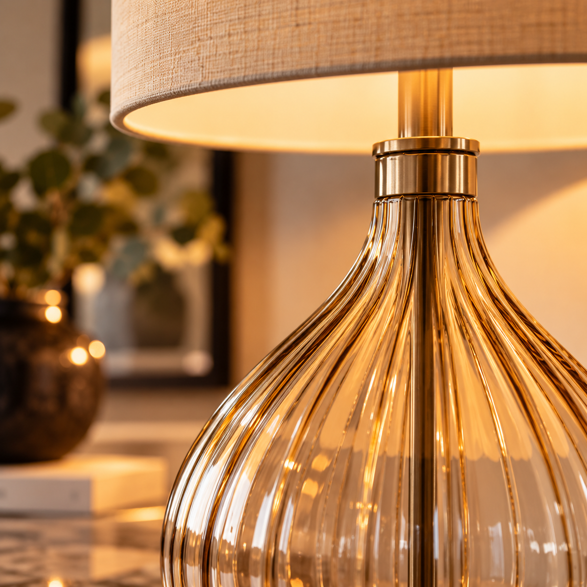 Lampada da Tavolo Spice in Vetro Rigato Ambra Chiaro