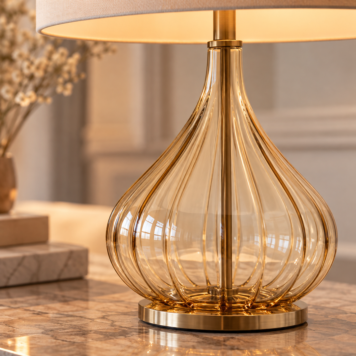 Lampada da Tavolo Spice in Vetro Rigato Ambra Chiaro